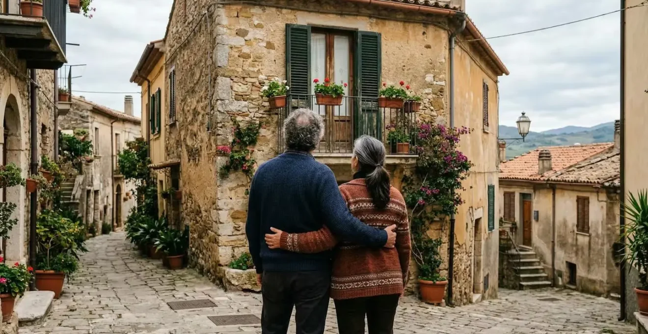 Coppia italiana osserva la facciata della propria casa in vista di una valutazione