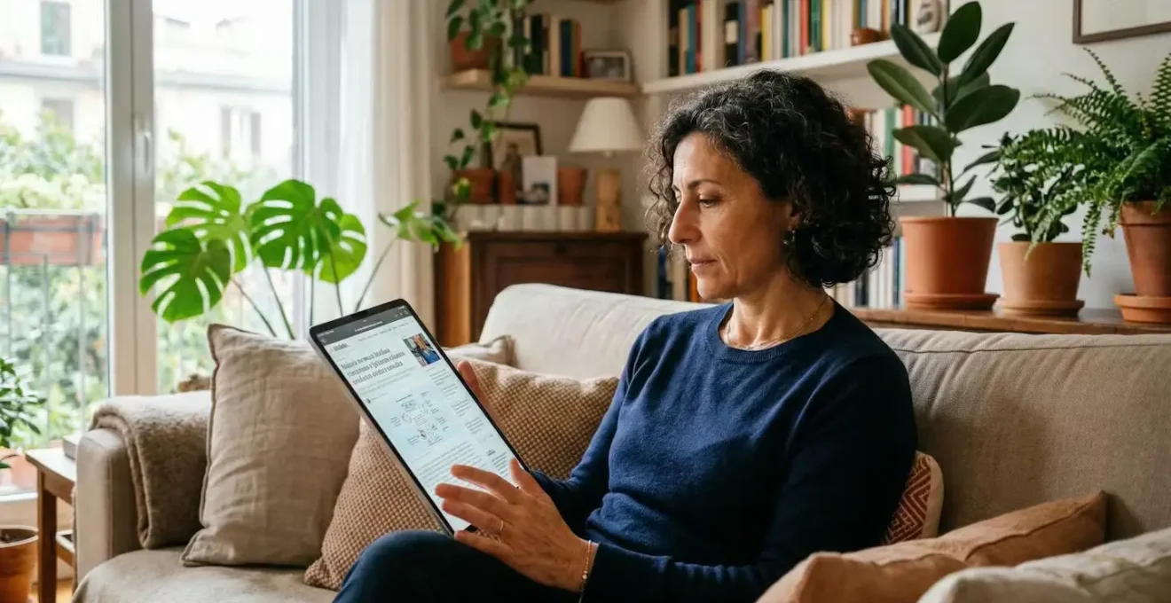 Proprietaria italiana consulta valutazione immobiliare online su tablet nel soggiorno