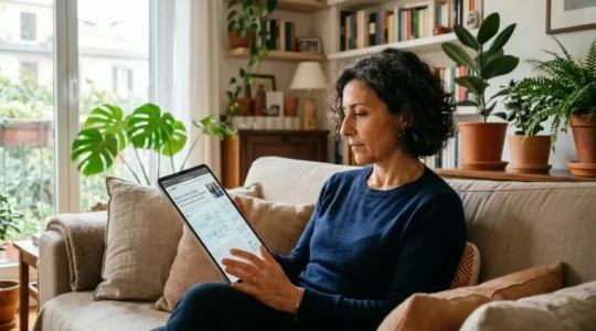 Proprietaria italiana consulta valutazione immobiliare online su tablet nel soggiorno